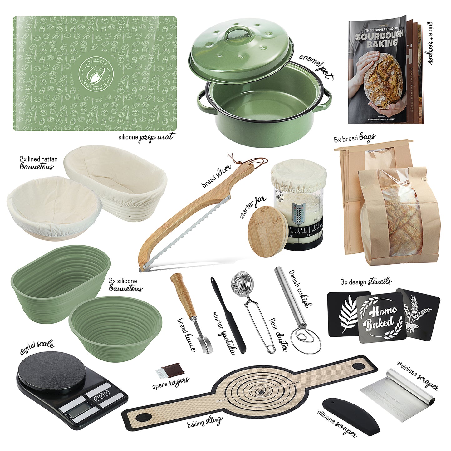 Complete Sourdough Starter Kit - Sourdough Bread Baking Supplies with Banneton Bread Proofing Basket, Sourdough Starter Jar, Pot, Dough Scraper, Scale, Recipe Book, Bread Making Tools & More