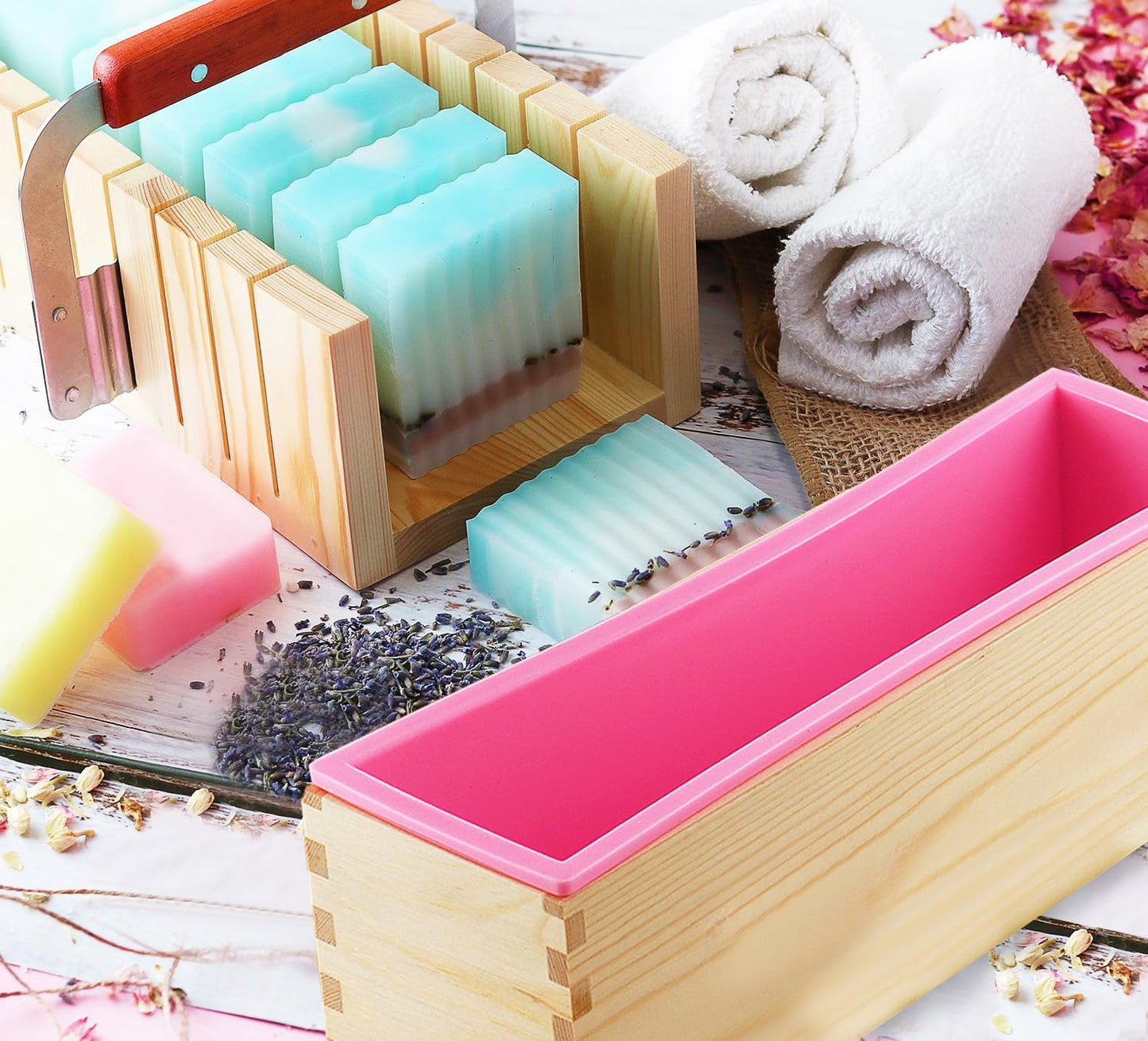 Soap Mold and Cutting Kit with Soap Cutter, Silicone Mold with Wooden Box, Wavy and Straight Scraper, Personalized Labels and Plastic Bags