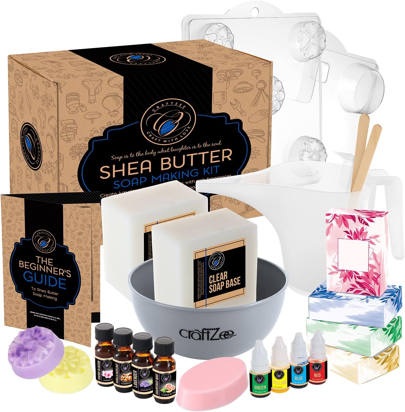 Shea Butter Soap Making Kit with Soap Base, Molds, Fragrance Oils, Liquid Dyes, Instruction Manual & More