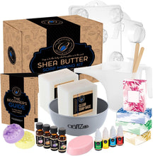 Load image into Gallery viewer, Shea Butter Soap Making Kit with Soap Base, Molds, Fragrance Oils, Liquid Dyes, Instruction Manual &amp; More