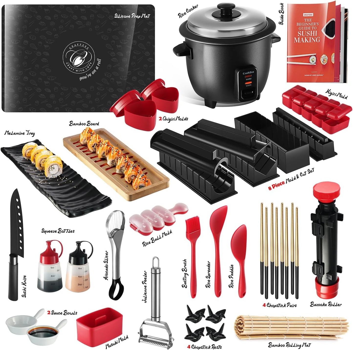 Super Deluxe Sushi Making Kit with Bazooka Roller, Rice Cooker, Onigiri, Nigiri & Musubi Mold, Rice Ball Mold, Bamboo Rolling Mat, Knife, Guide Book & More
