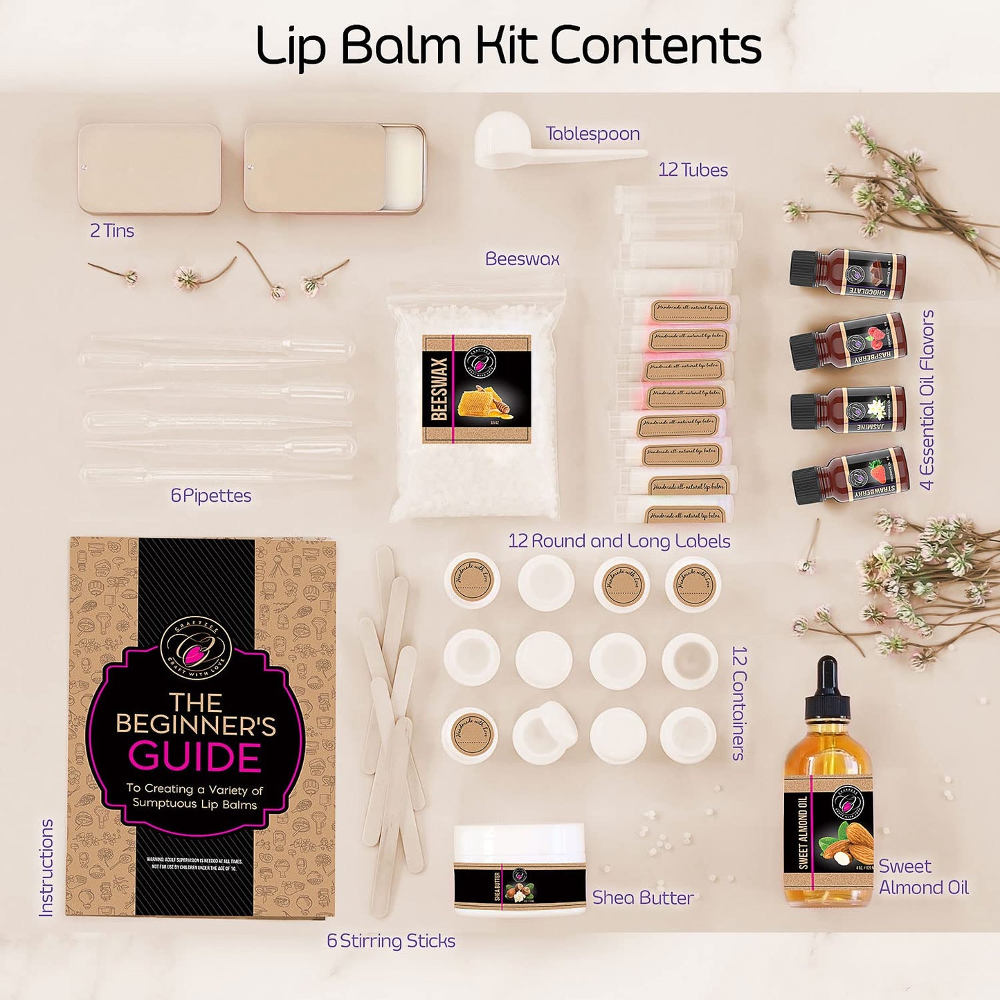 DIY Lip Balm Making Kit with Natural Beeswax, Shea Butter, Sweet Almond Oil, Essential Oils, Tubes, Jars, Instruction Manual & More