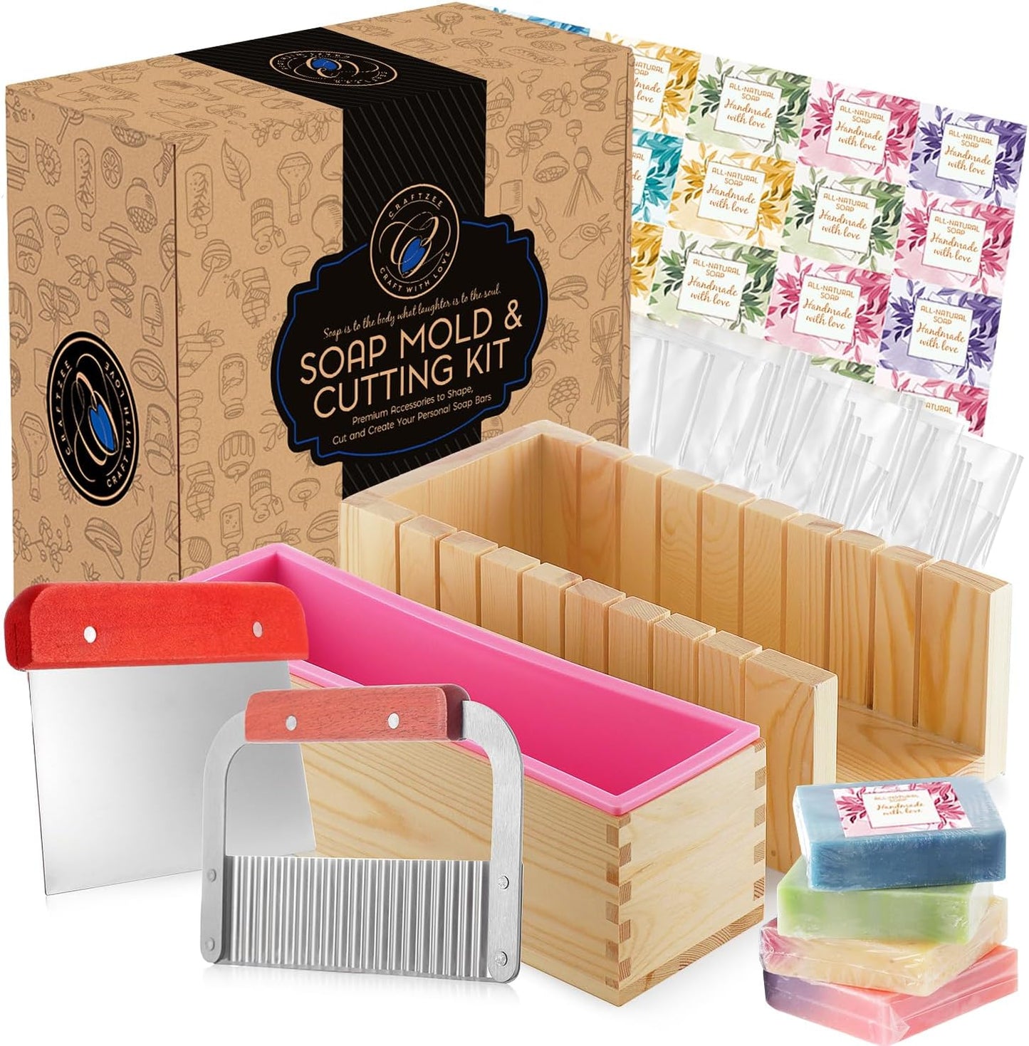 Soap Mold and Cutting Kit with Soap Cutter, Silicone Mold with Wooden Box, Wavy and Straight Scraper, Personalized Labels and Plastic Bags