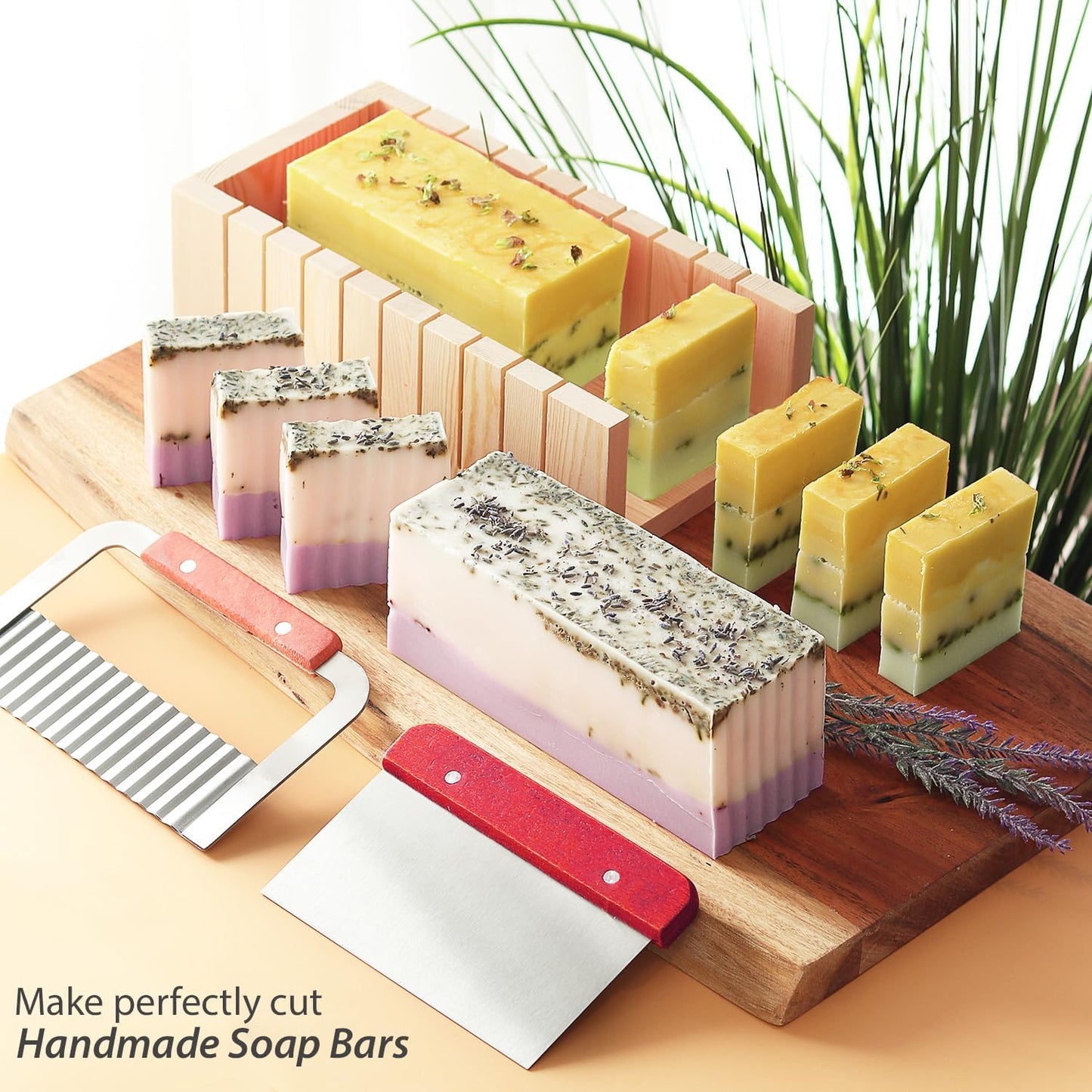 Soap Mold and Cutting Kit with Soap Cutter, Silicone Mold with Wooden Box, Wavy and Straight Scraper, Personalized Labels and Plastic Bags