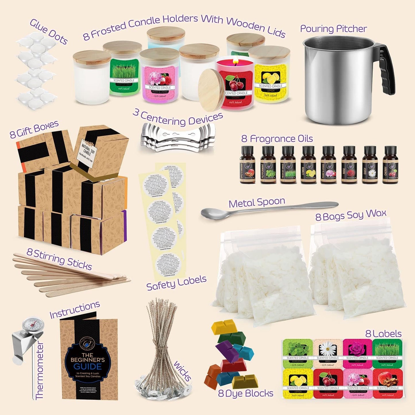 Deluxe Soy Candle Making Kit with Soy Wax, Scents, Frosted Glass Jars, Wicks, Dyes, Melting Pot, Gift Box & More