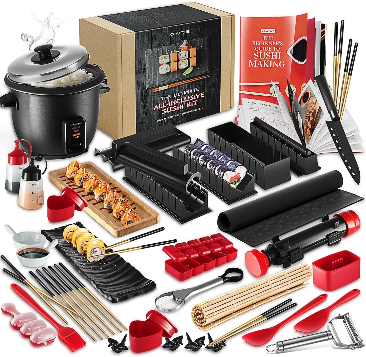 Super Deluxe Sushi Making Kit with Bazooka Roller, Rice Cooker, Onigiri, Nigiri & Musubi Mold, Rice Ball Mold, Bamboo Rolling Mat, Knife, Guide Book & More