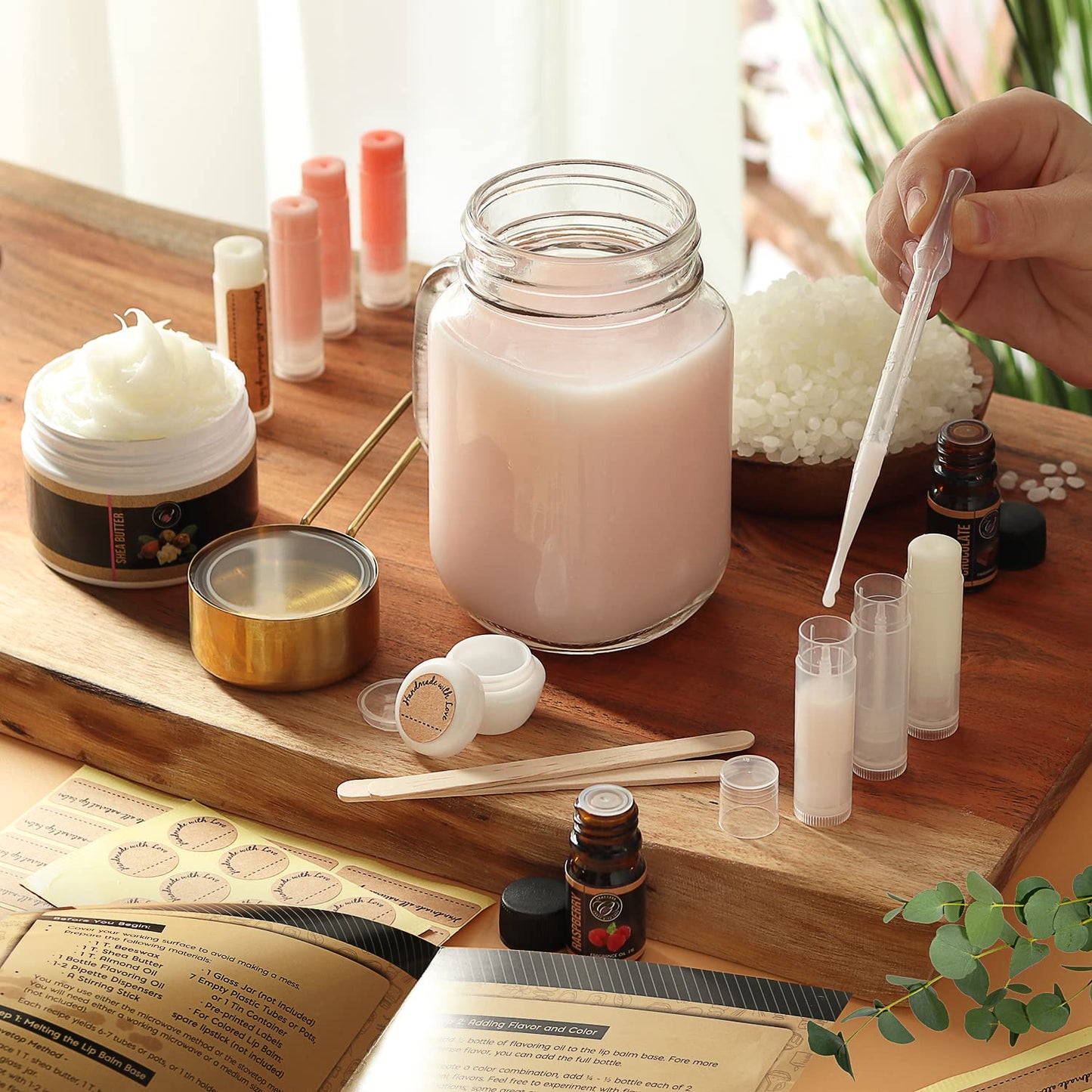 DIY Lip Balm Making Kit with Natural Beeswax, Shea Butter, Sweet Almond Oil, Essential Oils, Tubes, Jars, Instruction Manual & More