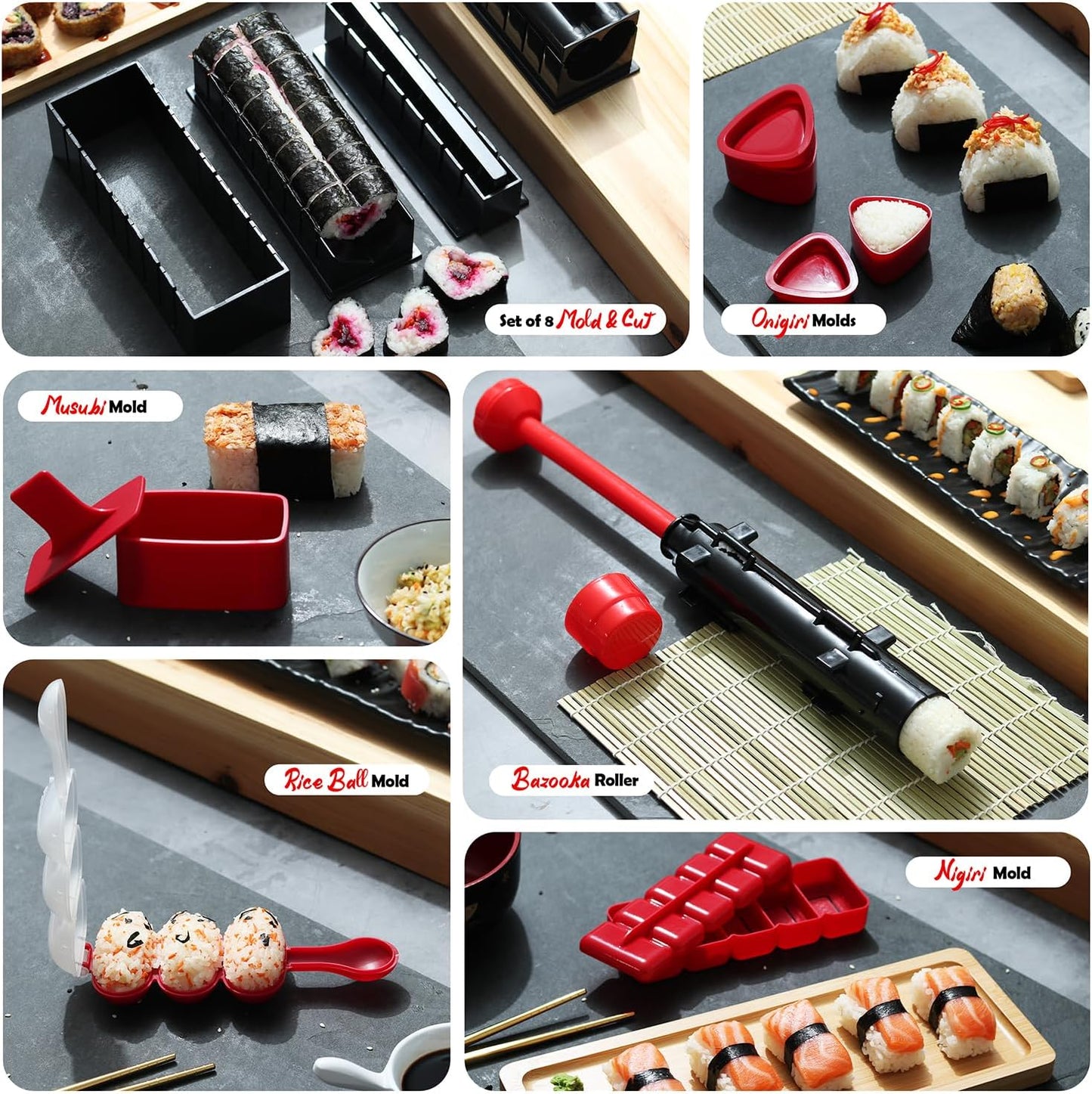 Super Deluxe Sushi Making Kit with Bazooka Roller, Rice Cooker, Onigiri, Nigiri & Musubi Mold, Rice Ball Mold, Bamboo Rolling Mat, Knife, Guide Book & More