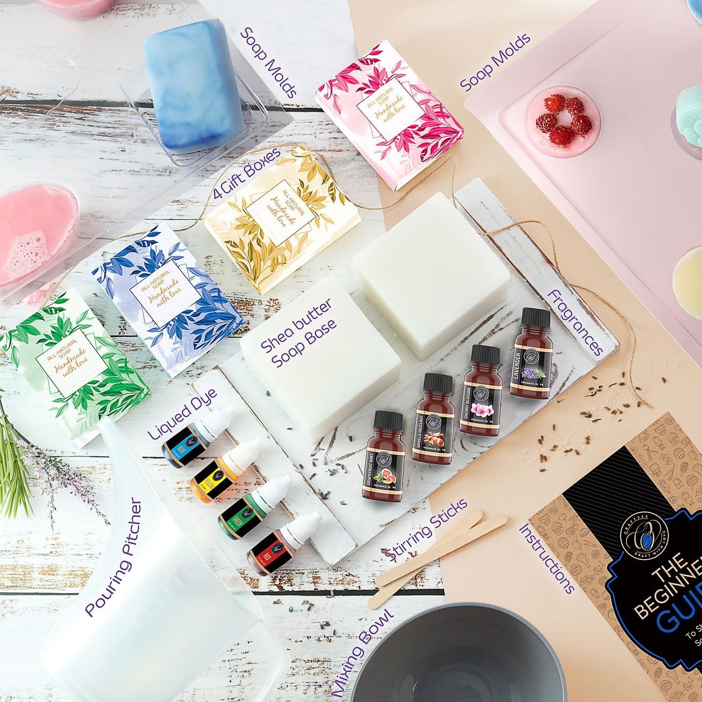 Shea Butter Soap Making Kit with Soap Base, Molds, Fragrance Oils, Liquid Dyes, Instruction Manual & More