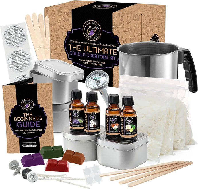 Candle Making Kit with Soy Wax, Fragrance Oils, Wicks, Dyes, Tins, Melting Pot & More