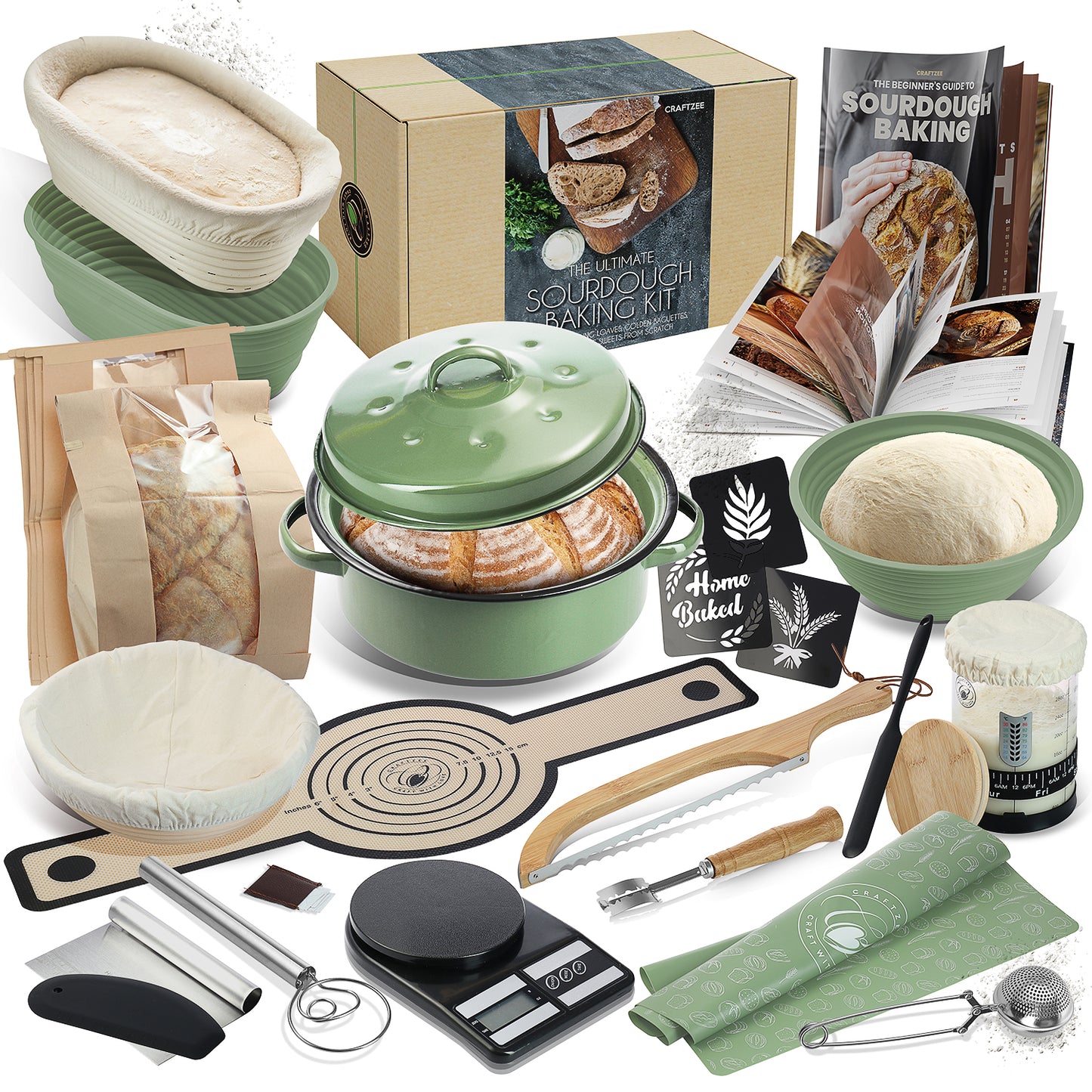 Complete Sourdough Starter Kit - Sourdough Bread Baking Supplies with Banneton Bread Proofing Basket, Sourdough Starter Jar, Pot, Dough Scraper, Scale, Recipe Book, Bread Making Tools & More