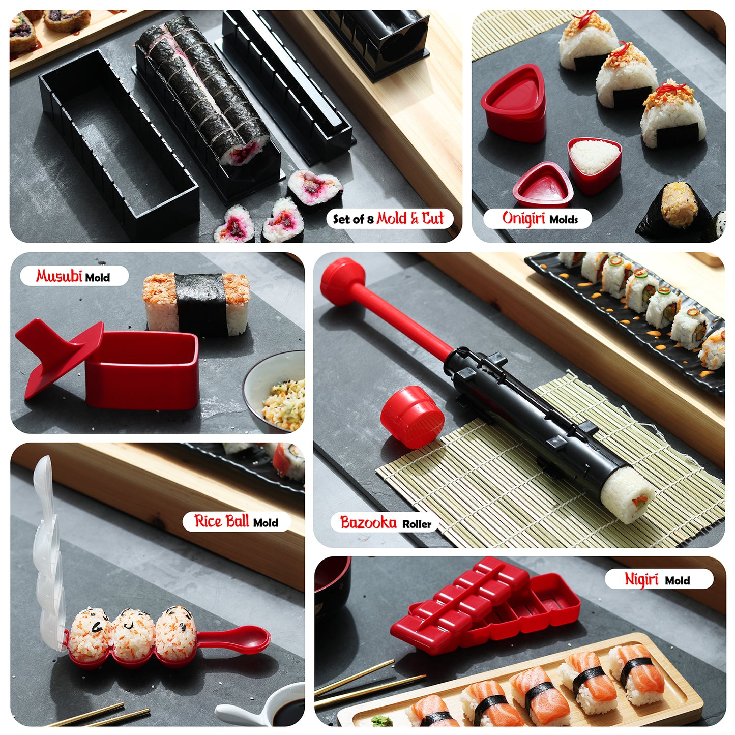 Super Deluxe Sushi Making Kit with Bazooka Roller, Rice Cooker, Onigiri, Nigiri & Musubi Mold, Rice Ball Mold, Bamboo Rolling Mat, Knife, Guide Book & More