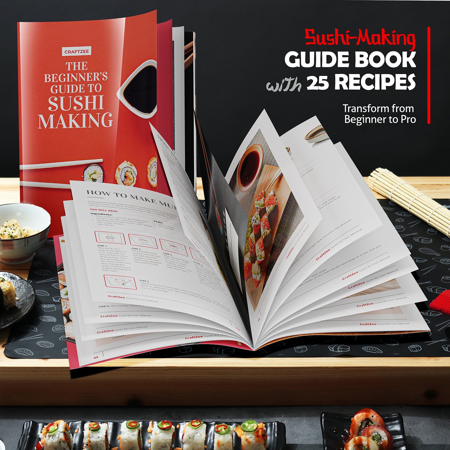 Super Deluxe Sushi Making Kit with Bazooka Roller, Rice Cooker, Onigiri, Nigiri & Musubi Mold, Rice Ball Mold, Bamboo Rolling Mat, Knife, Guide Book & More