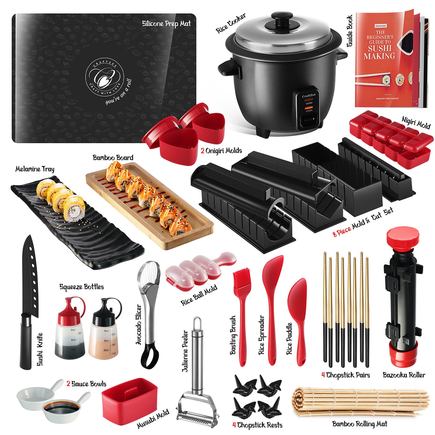 Super Deluxe Sushi Making Kit with Bazooka Roller, Rice Cooker, Onigiri, Nigiri & Musubi Mold, Rice Ball Mold, Bamboo Rolling Mat, Knife, Guide Book & More