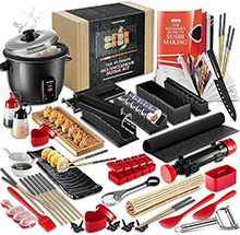 Super Deluxe Sushi Making Kit with Bazooka Roller, Rice Cooker, Onigiri, Nigiri & Musubi Mold, Rice Ball Mold, Bamboo Rolling Mat, Knife, Guide Book & More