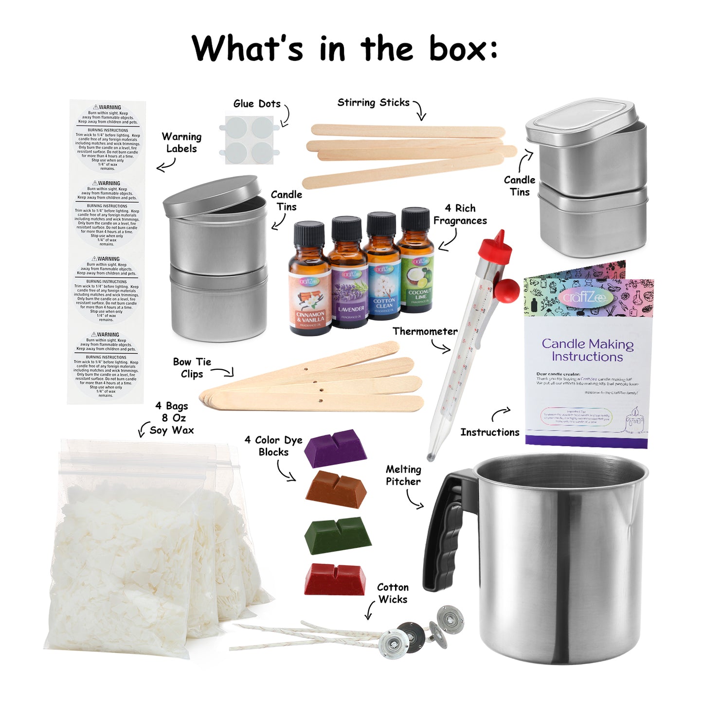 DIY Candle Making Kit with Soy Wax, Dyes, Tins, Wicks, Melting Pot, Instruction Manual & More