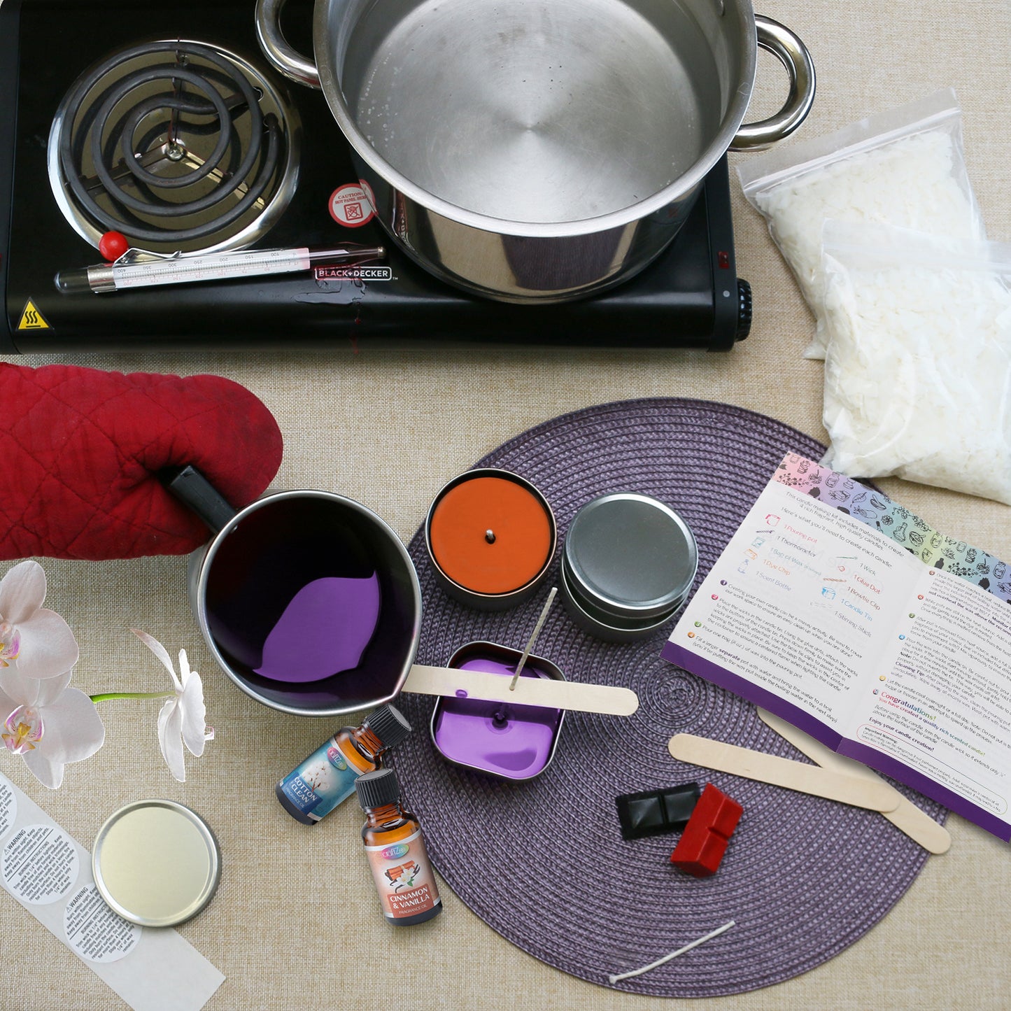 DIY Candle Making Kit with Soy Wax, Dyes, Tins, Wicks, Melting Pot, Instruction Manual & More