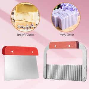 Soap Making Kit - Soap Making Supplies with Soap Cutter, Silicone Mold with Wooden Box, Wavy and Straight Scraper, Personalized Labels and Plastic Bags