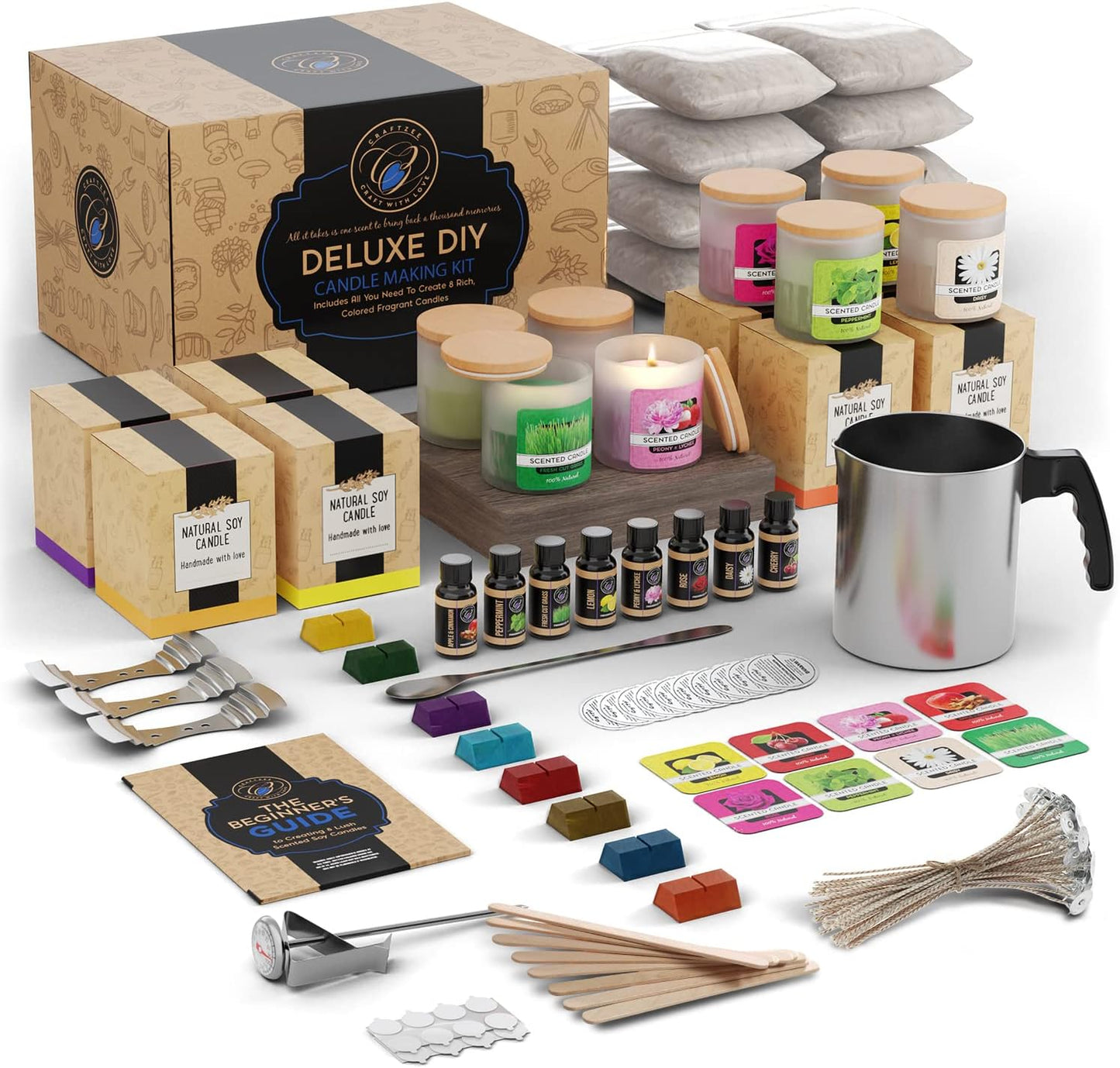 Deluxe Soy Candle Making Kit with Soy Wax, Scents, Frosted Glass Jars, Wicks, Dyes, Melting Pot, Gift Box & More