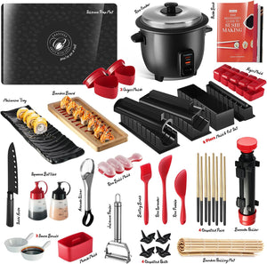 Super Deluxe Sushi Making Kit - 42Pcs DIY Sushi Maker Kit with Rice Cooker, Sushi Bazooka Roller, Nigiri & Musubi Mold, Knife, Bamboo Rolling Mat, Spreader, Chopsticks & More