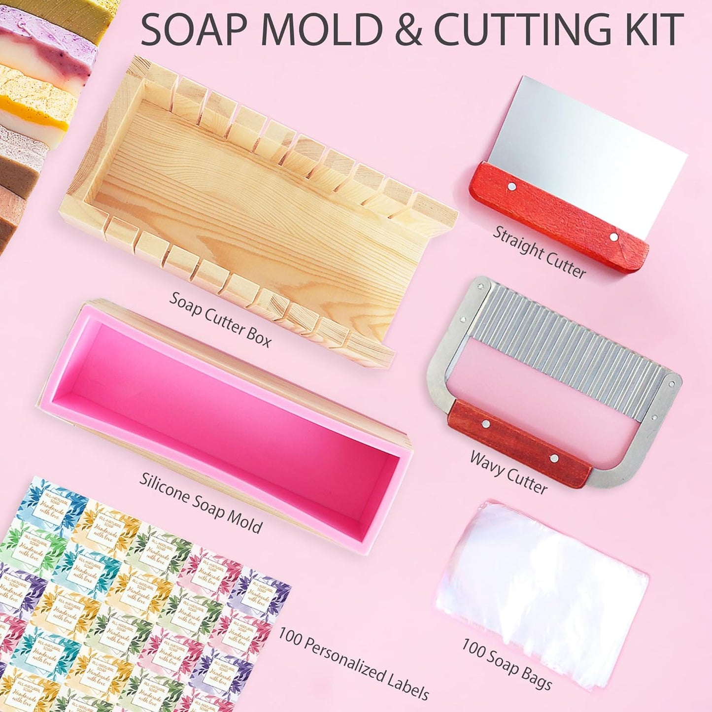 Soap Mold and Cutting Kit with Soap Cutter, Silicone Mold with Wooden Box, Wavy and Straight Scraper, Personalized Labels and Plastic Bags