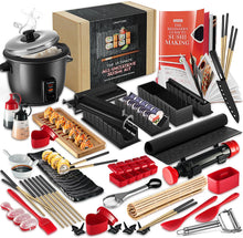 Load image into Gallery viewer, Super Deluxe Sushi Making Kit - 42Pcs DIY Sushi Maker Kit with Rice Cooker, Sushi Bazooka Roller, Nigiri &amp; Musubi Mold, Knife, Bamboo Rolling Mat, Spreader, Chopsticks &amp; More