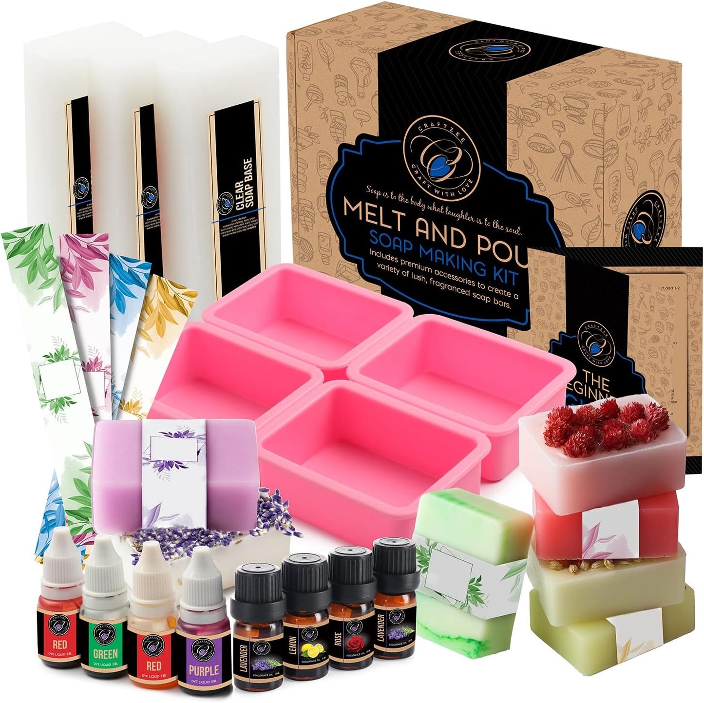 Soap Making Kit with Glycerin Soap Base, Fragrance Oils, Liquid Dyes, Silicone Molds, Wrappers & Instruction Manual