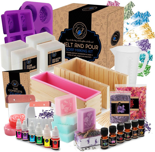 Large Soap Making Kit with Shea Butter Soap Base, Soap Cutter Box, Silicone Loaf Molds, Fragrances, Rose Petals & More