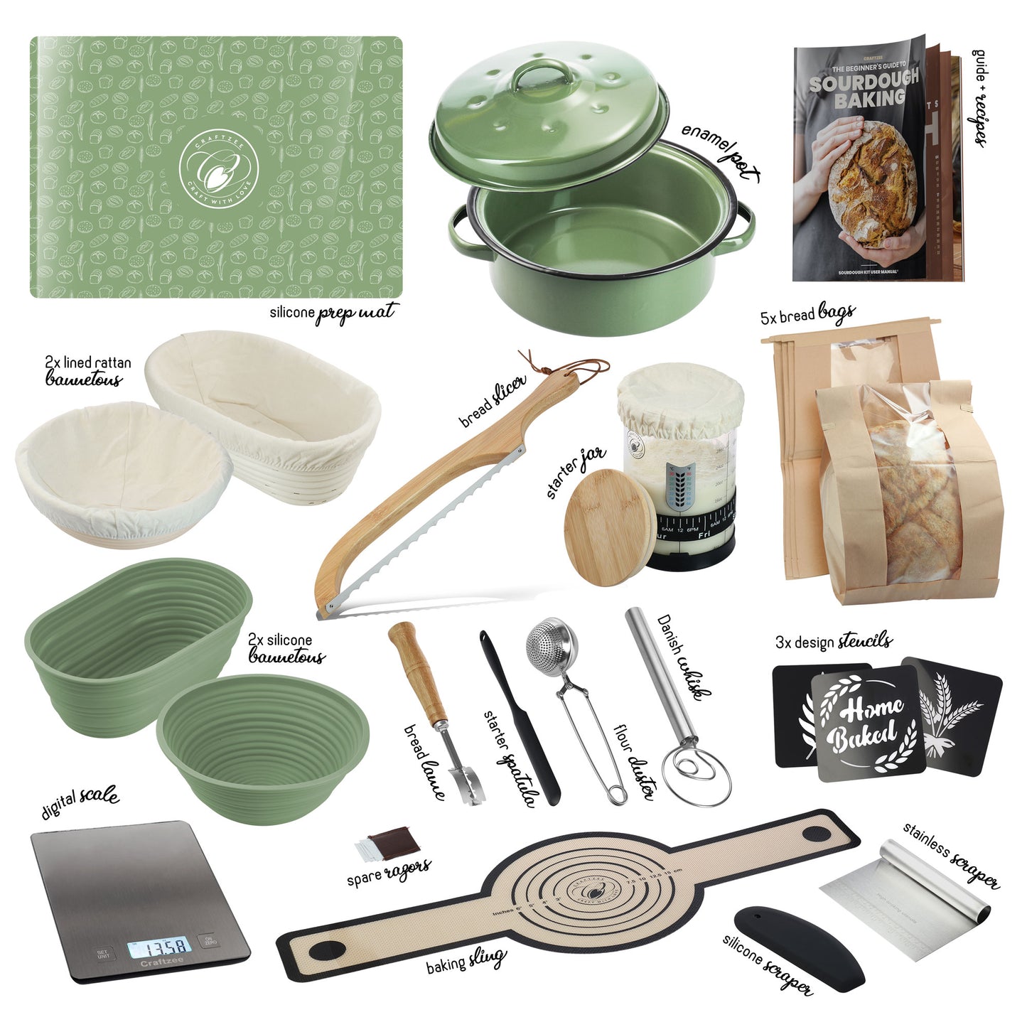 Complete Sourdough Starter Kit 2 - Sourdough Bread Baking Supplies with Banneton Bread Proofing Basket, Sourdough Starter Jar, Pot, Dough Scraper, Scale, Recipe Book, Bread Making Tools & More